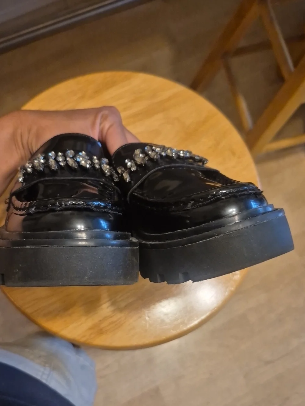 Zara Black Chuncky Platform Loafers Faux Leather & Rhinestones